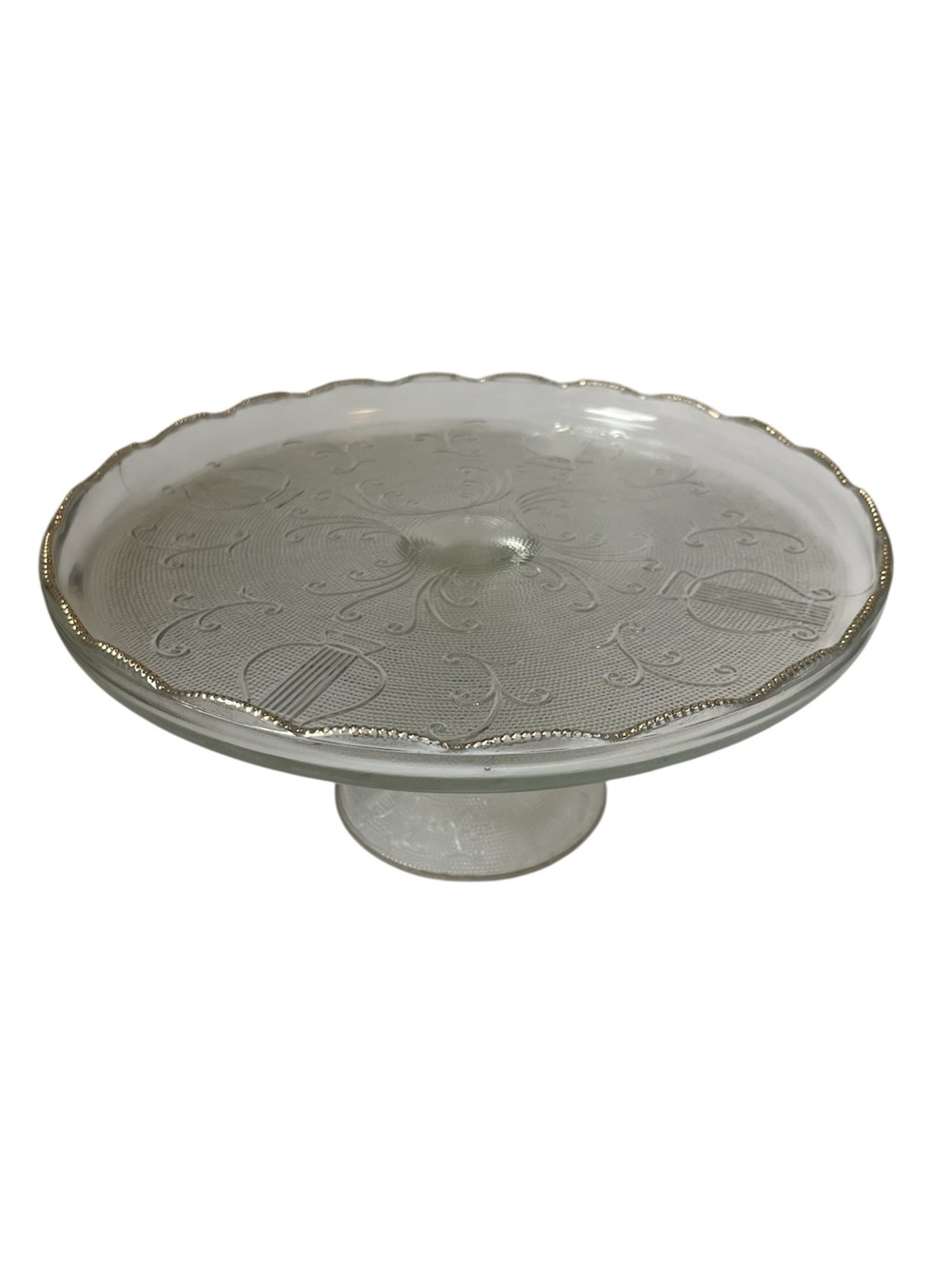 Vintage Jeannette Glass Pedestal Cake Stand Plate Harp Lyre Pattern 10”
